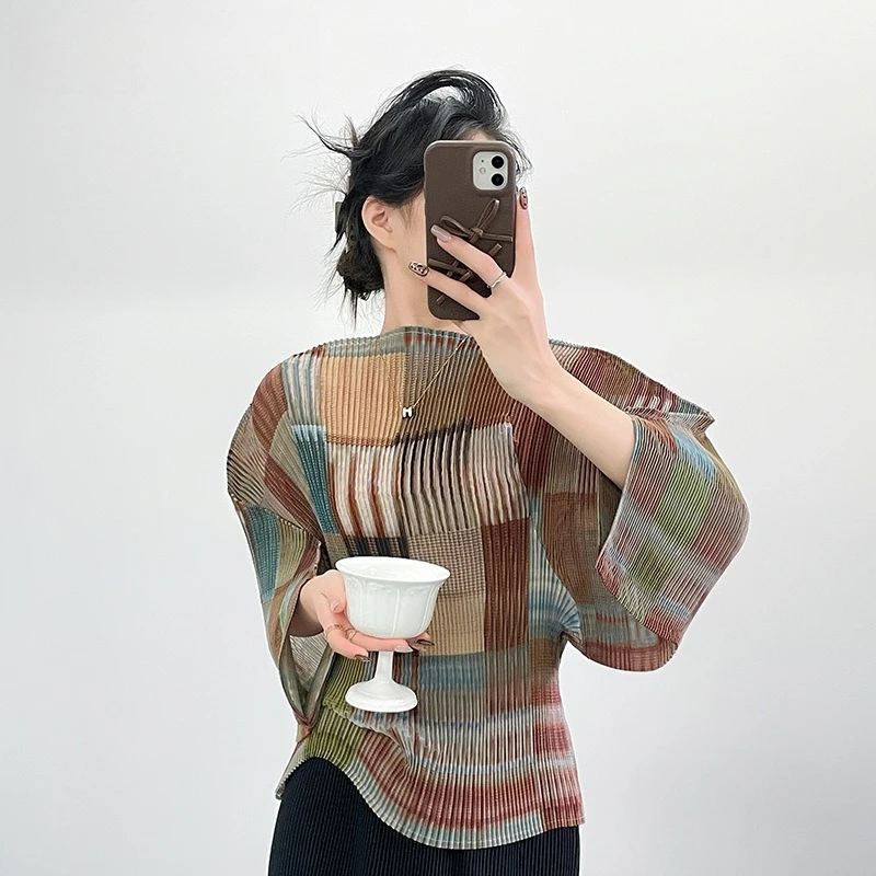Miyake Pleated 2026 Spring and Fall New Pleated Clothing Quality Contour Organza Top Long-sleeved Casual Niche Tops Female