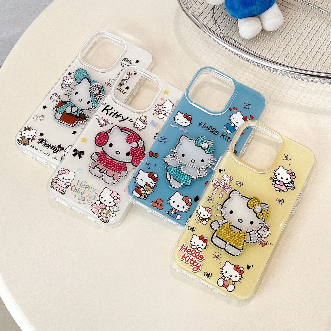 

Kawaii Hello Kitty Cute KT Cat Bow Bling Glitter Diamond Case for IPhone 17 Air 16 15 Pro Max 14 13 12 11 Pro Max Y2K Girl Gift