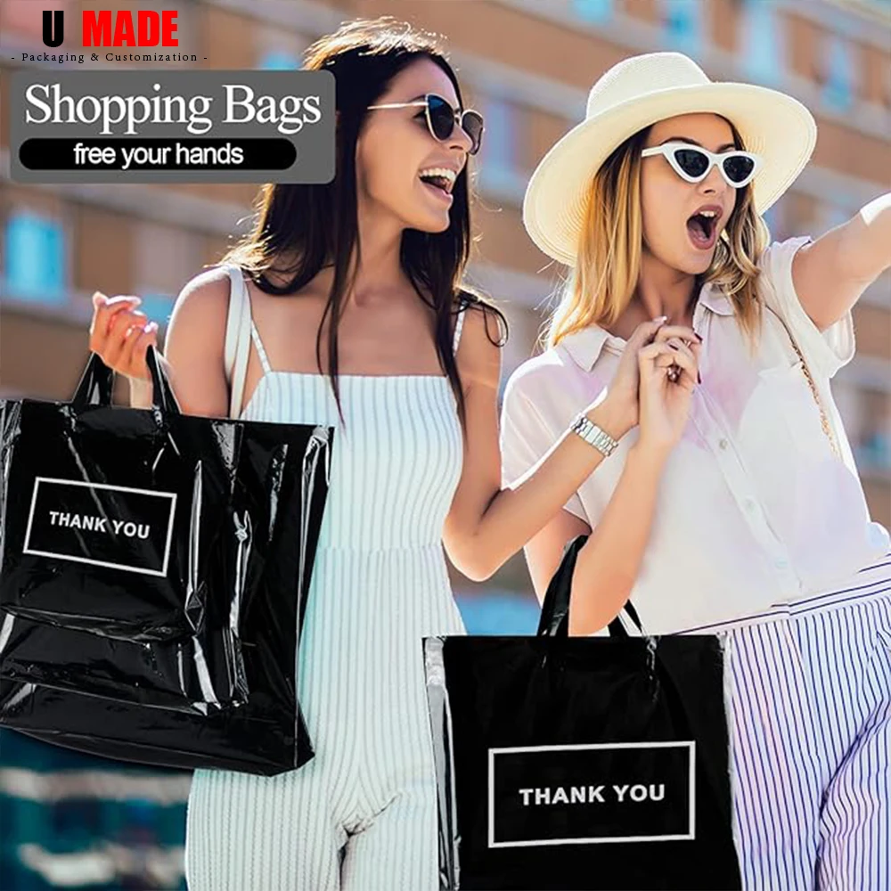 20/50pcs Custom Plastic Shopping Bags with Logo Personalized Gift Bag with Handles for Small Business Boutique Retail Party