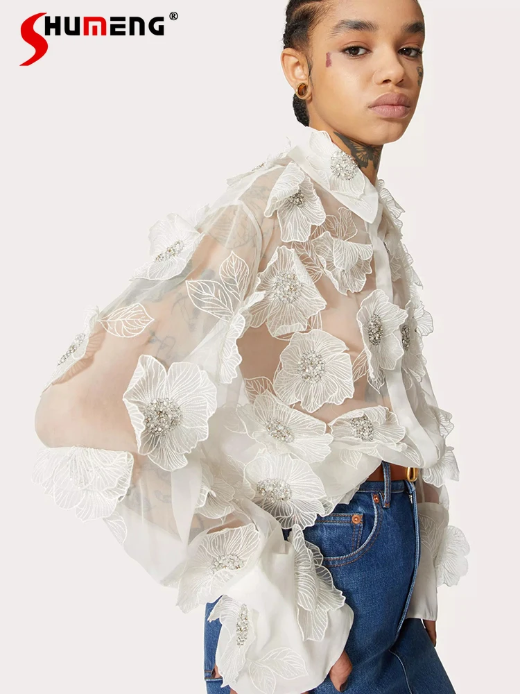 

Fashion Hot Girl Shirt Slightly See-through Three-Dimensional Flower Decorative Tops Lapel Long Sleeve Sequin Bead Shirts