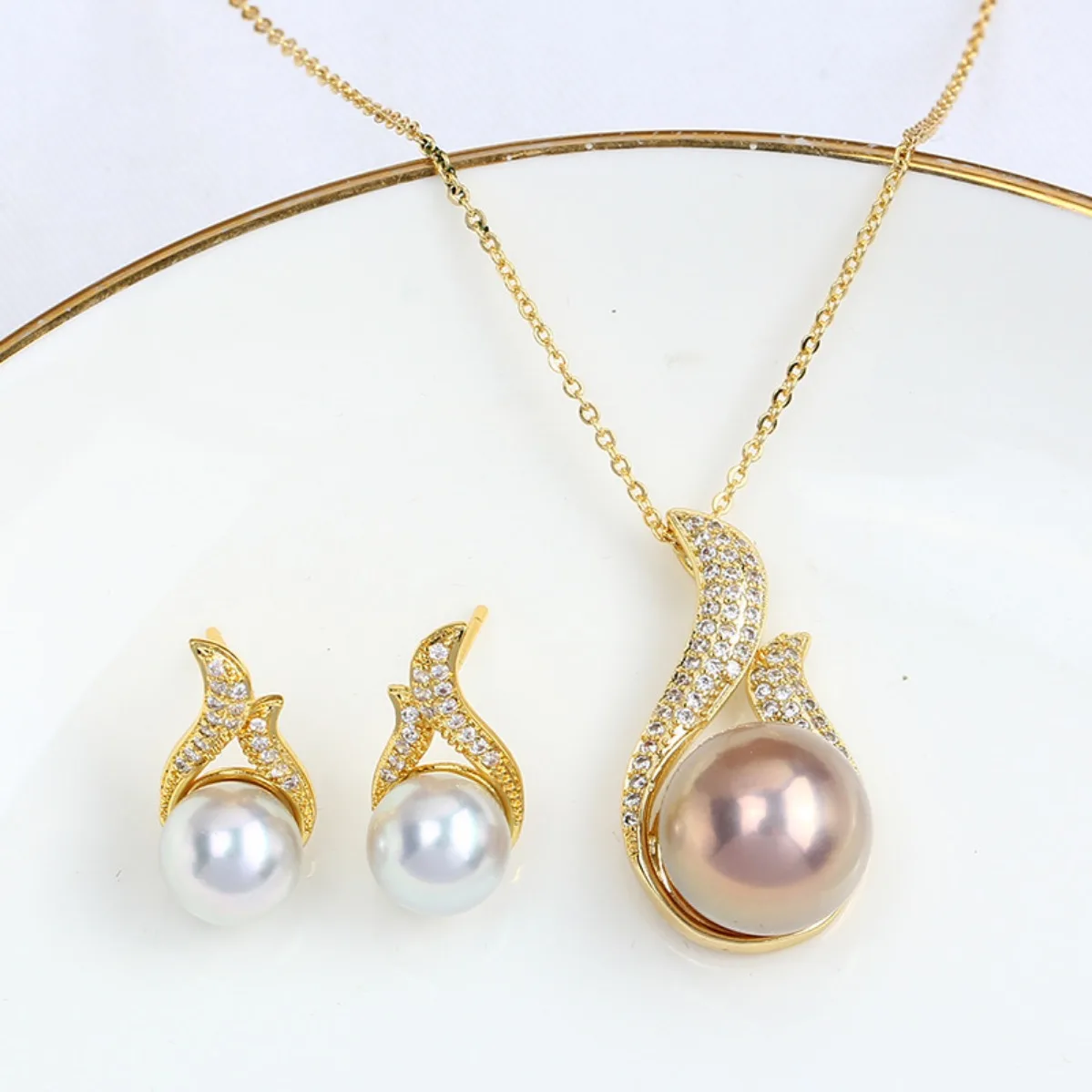 14K Gold Plated Flame Style Pearl Pendant & Earring Blank Setting Set, Color Retention DIY Jewelry Accessories For Women
