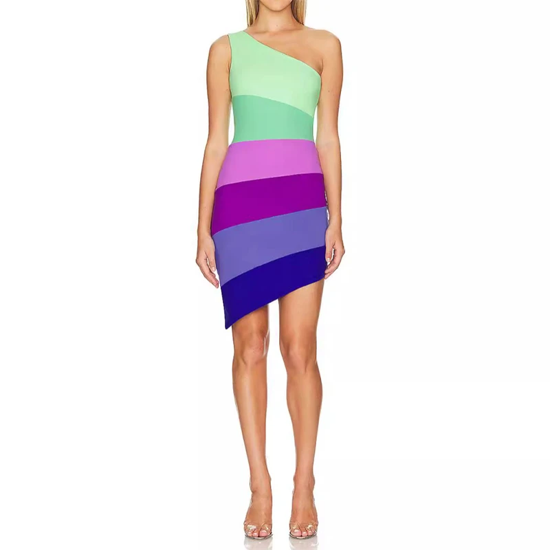 2024 summer new women's oblique shoulder elastic slim rainbow color bandage mini dress y2k high quality fashion casual hip skirt