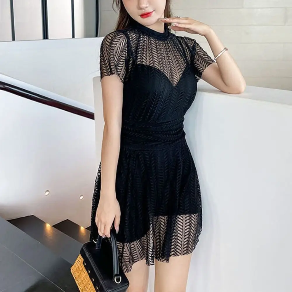 Mesh Hollow Lace Skirt Swimsuit Transparent Short Sleeve Bathing Swimwear Suit Beachwear Backless Swimwear with Padded Beach