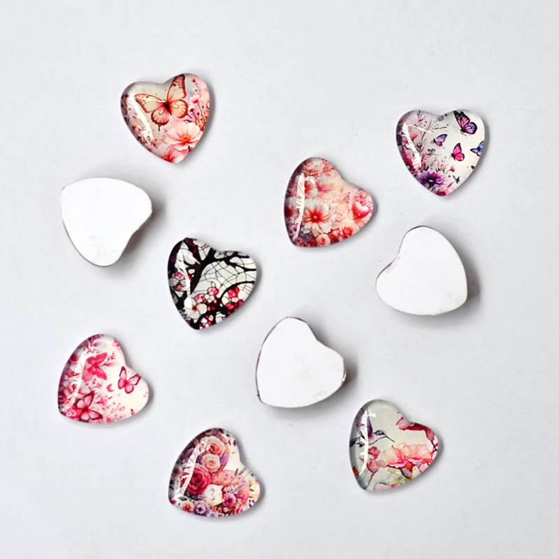 10pcs Heart-Shaped Glass Charms with Vibrant Red Floral & Animal Designs - Glossy Finish DIY Jewelry Inlay Accessories