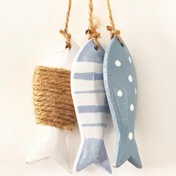 Nautical Theme 3 Fishes Wall Decor Hanging Ornaments Hand Carved Mediterranean Style Wall Hanging Sculptures For Home OfficeGift