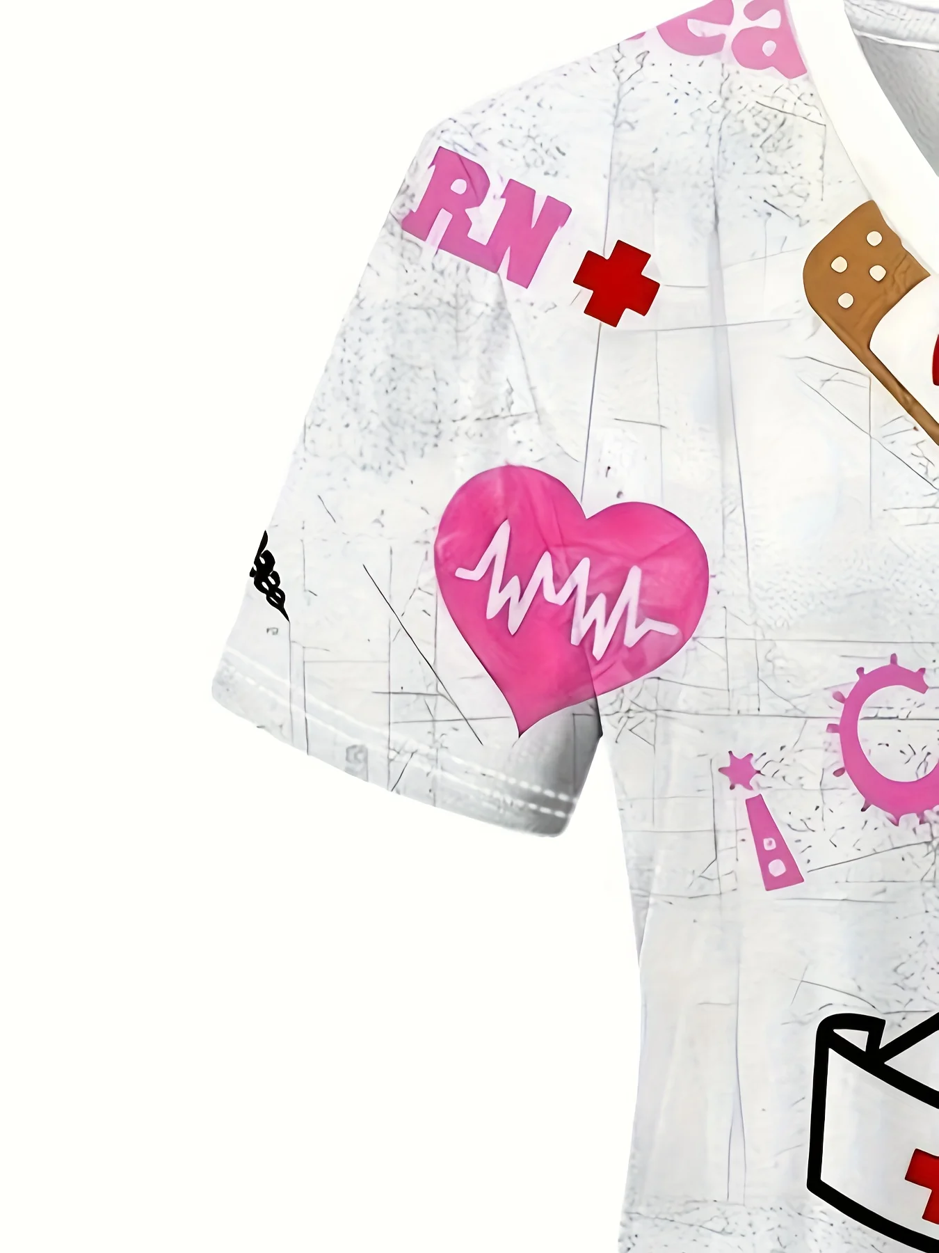 Haut extensible à manches courtes et col en v, imprimé mignon, uniforme de santé d'infirmière confortable et pratique, haut d'uniforme féminin à la mode