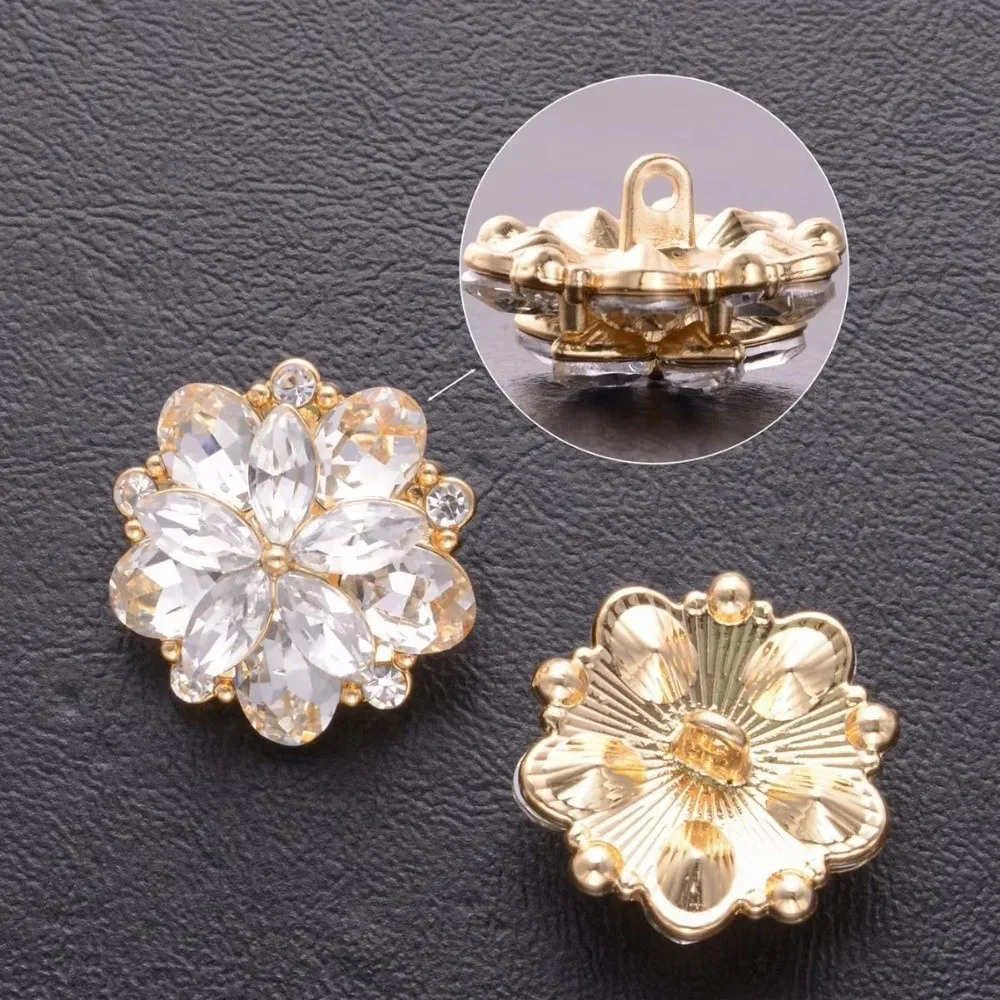 2pcs Metal Alloy Crystal Flower Buttons Diamond Embedded Hollow Design Decorative Buttons Flower Shaped Buttons