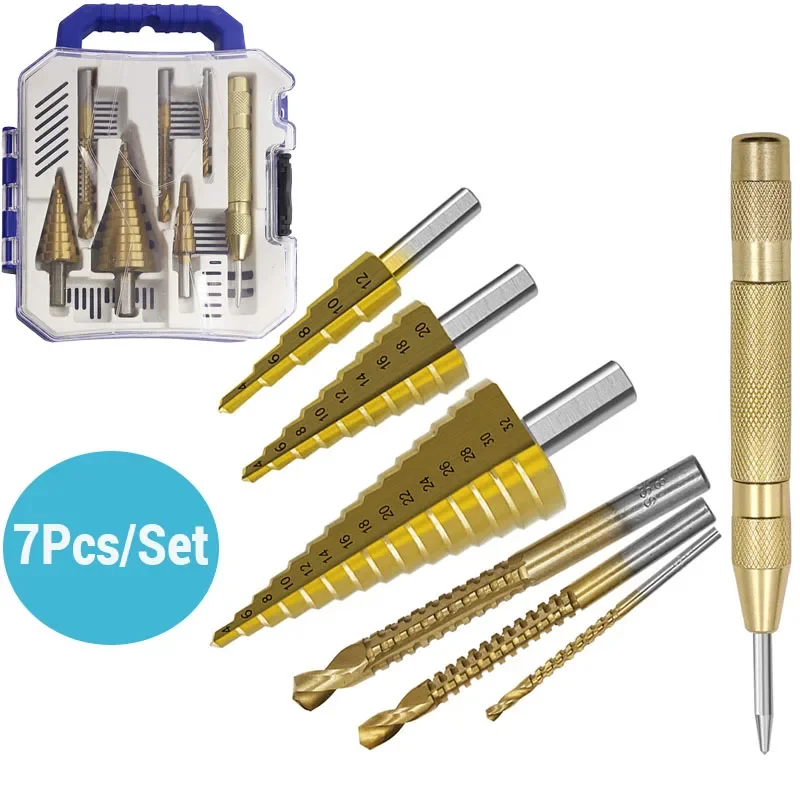 7Pcs 4-12/4-20/4-32mm 3/6/8mm Step Drill Bit Saw Drill Set Center Punch Titanium Milling Cutte Woodwork Metal Core Hole Opener