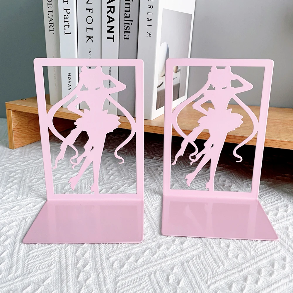 2Pcs Pink Girls Bookends Anime Fans Collectible Heavy Duty Bookcase Non-slip Iron Bookcase Desktop Desktop Organising Bookcase