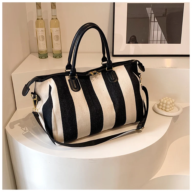 

Black and White Stripes Canvas Hand and Shoulder Bag High Quality Large Capacity Casual Tote for Women 2024 New Style Travel Bag