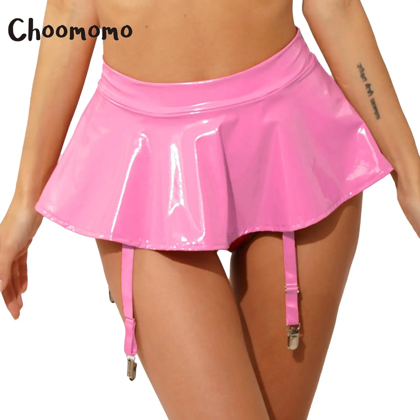 Womens Wet Look Metallic Faux Leather A-Line Pleated Short Mini Skirts Suspenders Belt with 6 Metal Clip Party Clubwear