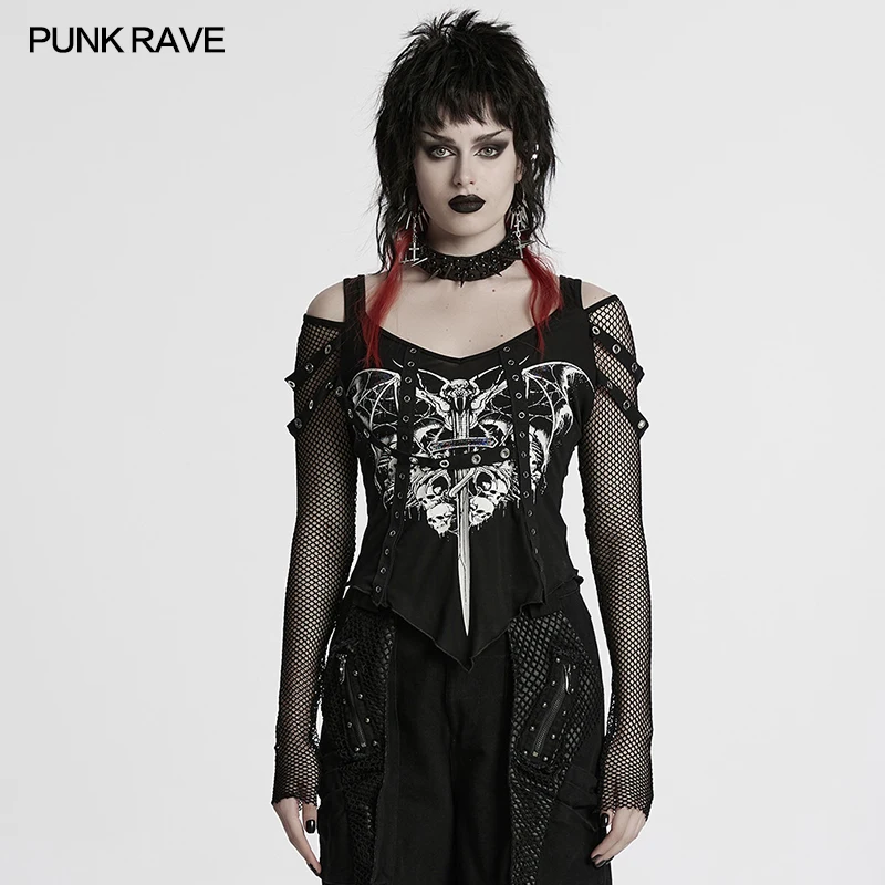 

PUNK RAVE женская футболка в стиле панк с черепом и крестом с открытыми плечами и v-образным вырезом, персонализированная футболка, готические авангардные темные футболки, топы
