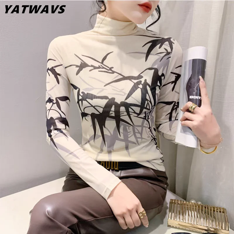 

New Korean Female T-Shirt Clothes Sexy Turtleneck Chic Positioning Print Casual Mesh Tops Spring Women's Long Sleeve Tees Blusas