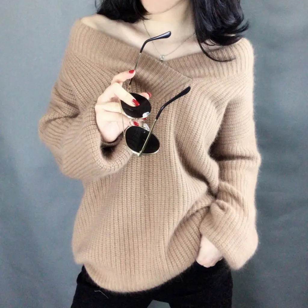 

Women's Korean Style Mohair Pullover Sweater V-neck Lantern Sleeve Loose Large Size Spring Autumn New Base Layer Top