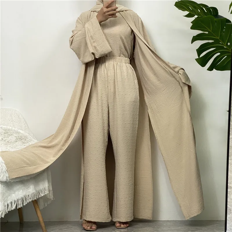 

Three-piece Robe Long Cardigan Sleeveless Top and Pants Muslim Islamic Clothing with Pockets Solid Color
