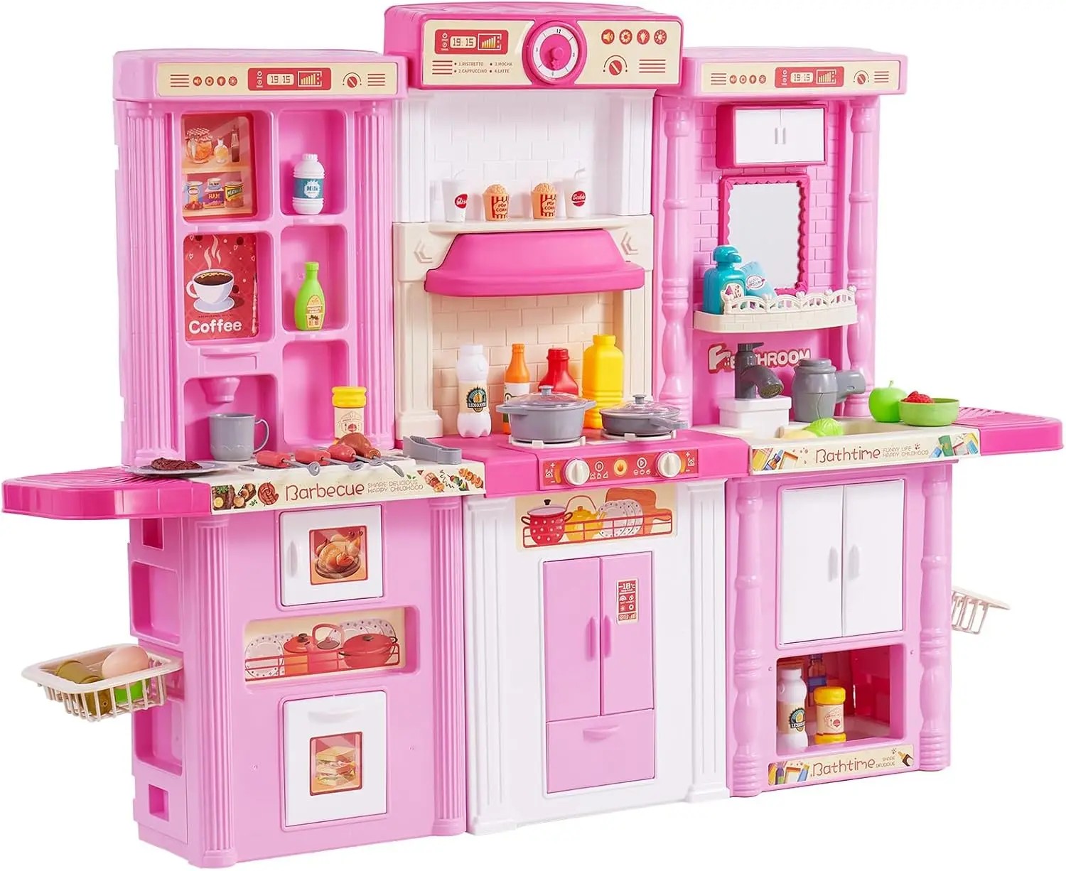 Vevor Kids Kitchen Playset, 3-In-1 Toddler Kitchen With Simulated Spray, Sounds And Lights, Play Kitchen Set With 74 Pcs