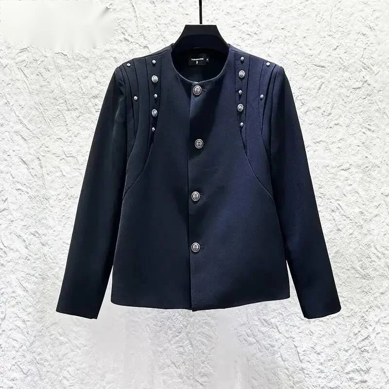 Round Collar Turquoise Rivet Decor Men's Jacket Padded Shoulder Vintage Street Spring Autumn Casual Outerwear NF6B
