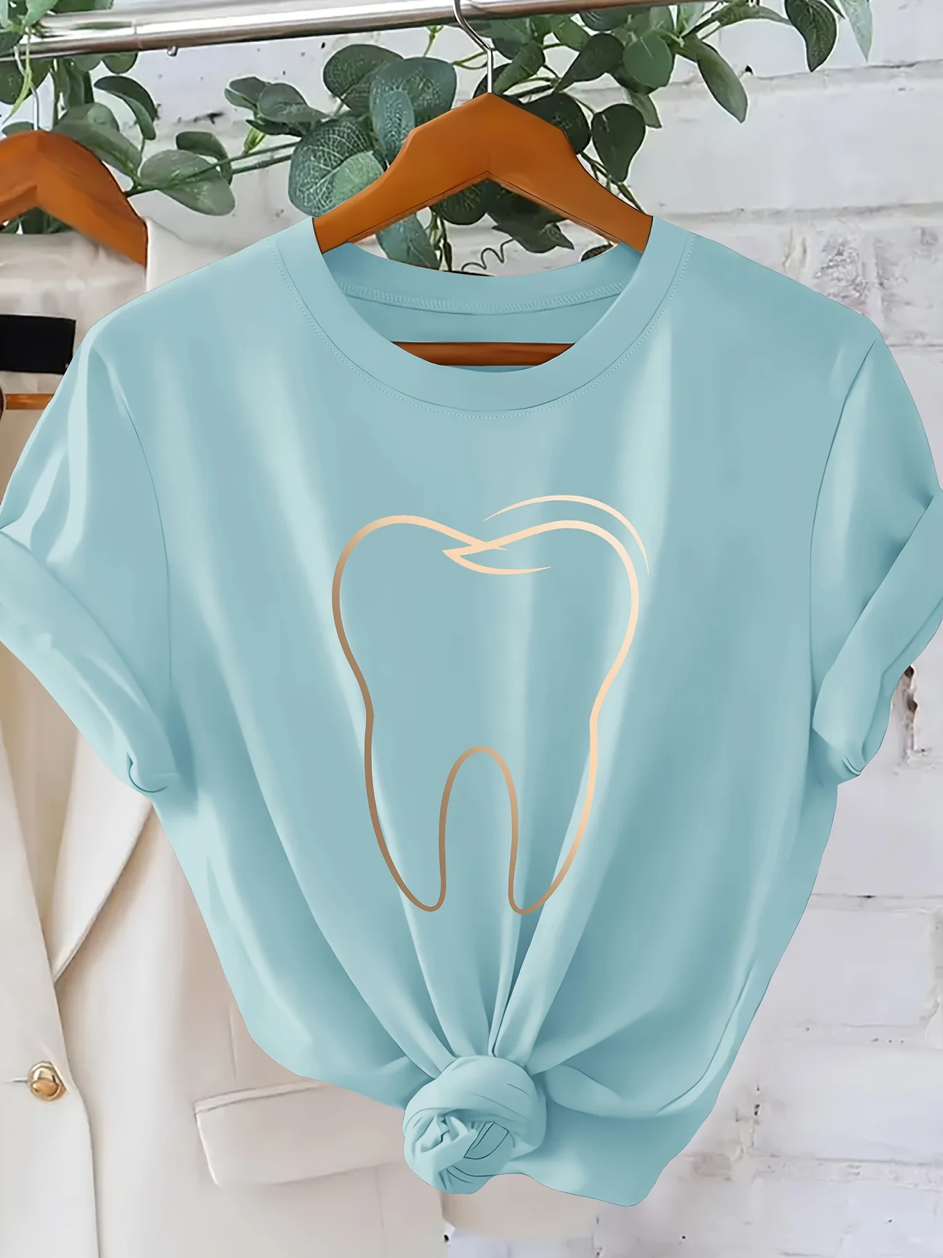 Minimalist Line Teeth Printed T-shirt Casual Style Fun Cute Top 2026 Summer Vacation Style Fashion Women's Top