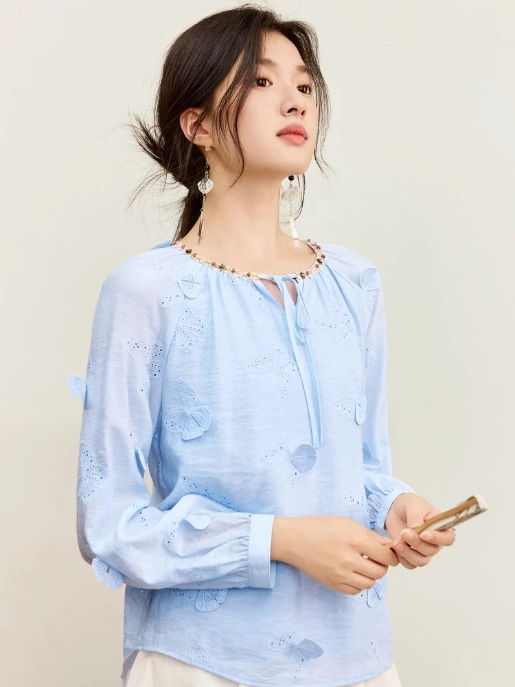SENTUBILA Women‘s Chiffon Blouse Solid Butterfly Embroidery Lace Tie-Neck Blouse 2025 Autumn Bohemian Loose-fit Shirt 153VA3819
