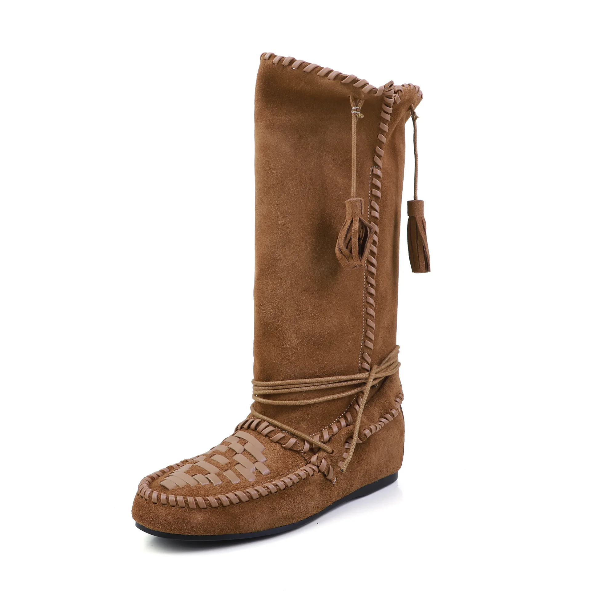 Arden Furtado Autumn Cow suede Increased Internal Tassels boots Round toe slip-on Middle heel Short boots Western boots