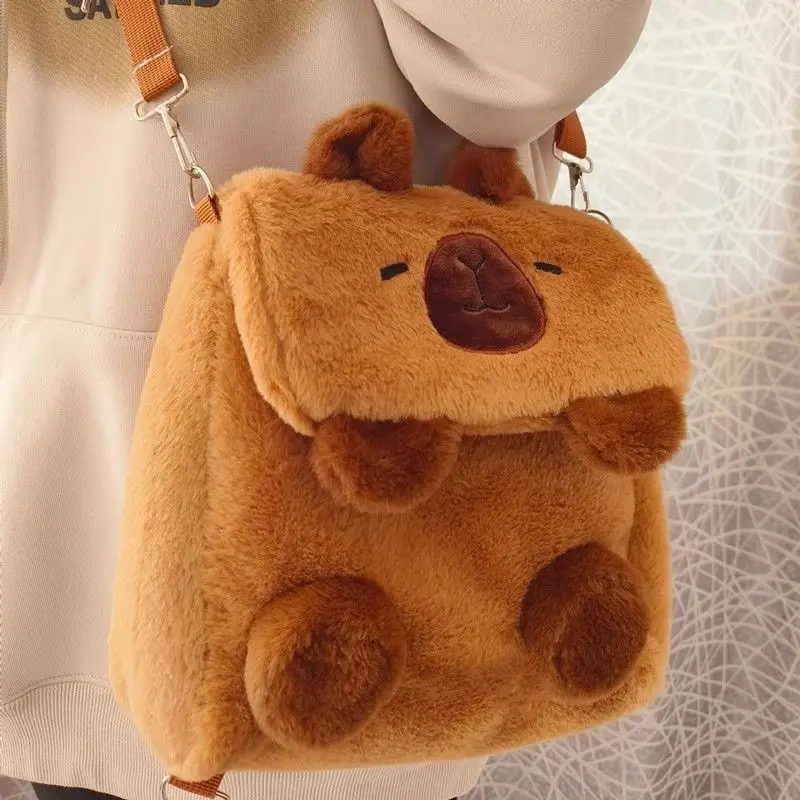 Kawaii Plush Backpack Women\'s Plush Cute Versatile Cartoon Capybara College Student Crossbody Bag Backpack Shoulder Bag Purses