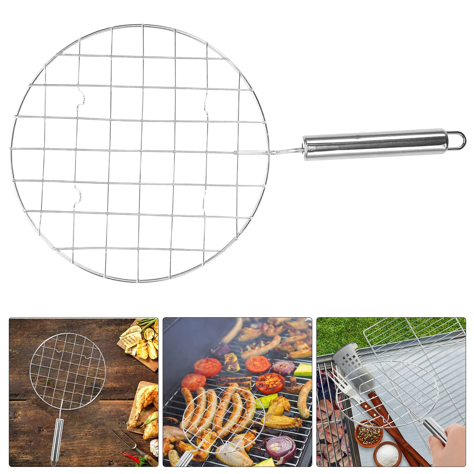 

Round Stainless Steel Bbq Grill Net Thick Mesh Handle Portable Outdoor Camping Picnic Fish Meat Grilling Accessory