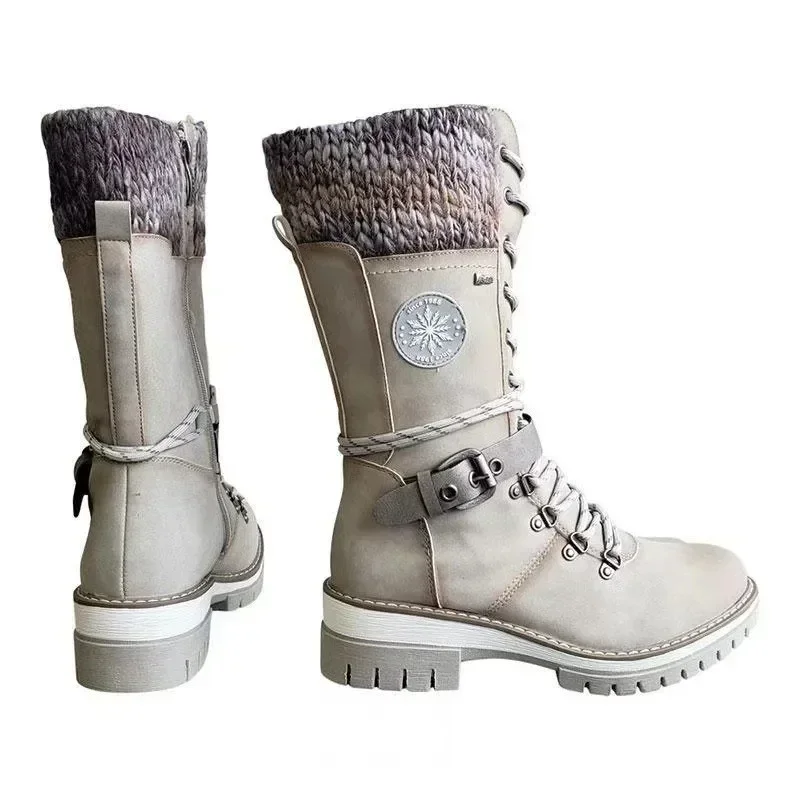 

Winter Women Boots Side Zip Snow Boots Buckle Lace Knitted Mid-calf Women Boots Goth Shoes for Womens Outdoor Warm Leather Boot