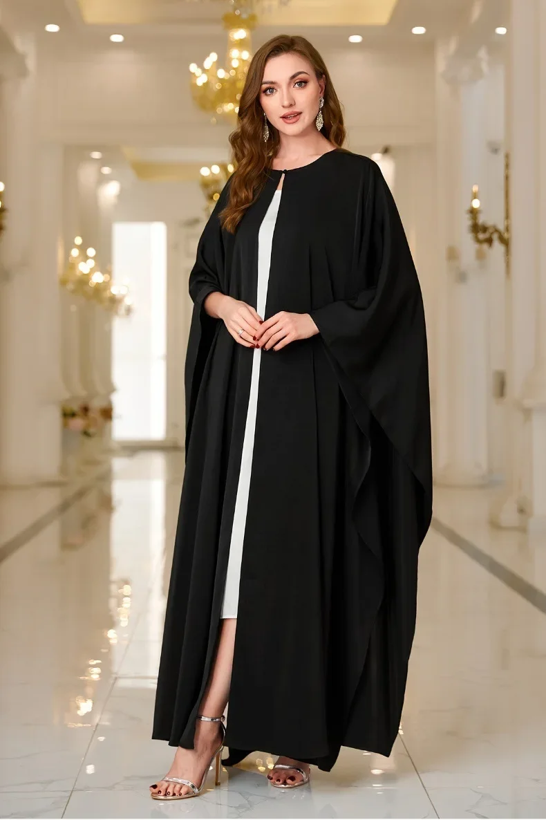 Abaya-Cardigan boutonné à col rond pour femmes musulmanes, robe arabe du Moyen-Orient, Everak, monochromatique