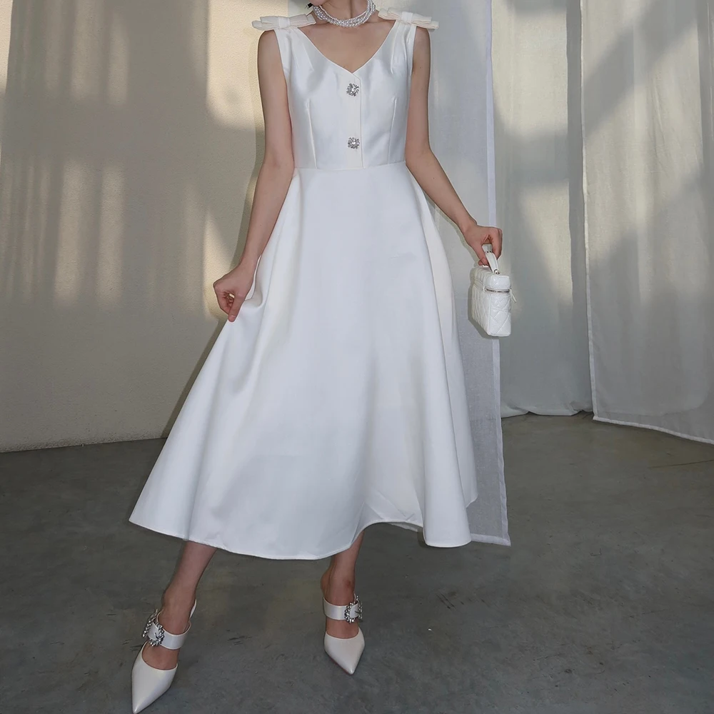 

Customized A-line Evening Dresses Tea-length V-neck Sleeveless Prom Gown Fashion Crystal Simple Draped Casual Party Gown