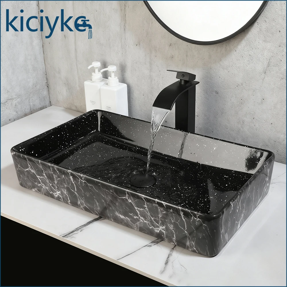 Black Marble Ceramic Vessel Sink Rectangular Above Counter Bathroom Basin with Pop-up Drain Modern Design for Bathroom Vanity