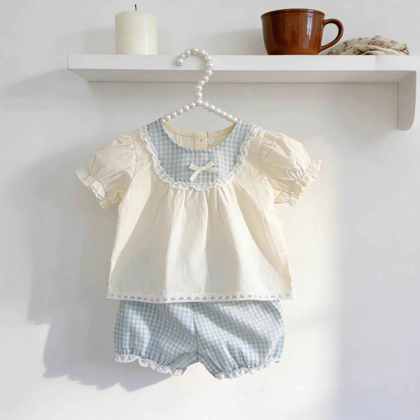 

2026 Summer New Baby Short Sleeve Clothes Set Girls Cute Bow Lace T Shirts + Plaid Shorts 2pcs Suit Toddler Cotton Sweet Outfits