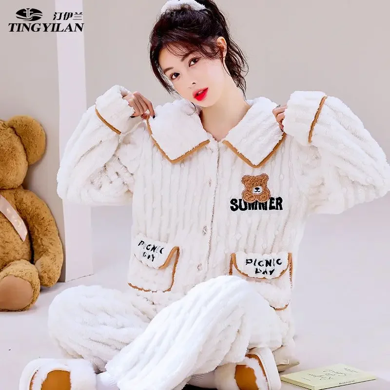 

Pajama Pants Set Women's Clothing Winter Autumn Coral Flannel Facecloth Outer Wear Thickened Fashion Simple Comfortable Casual