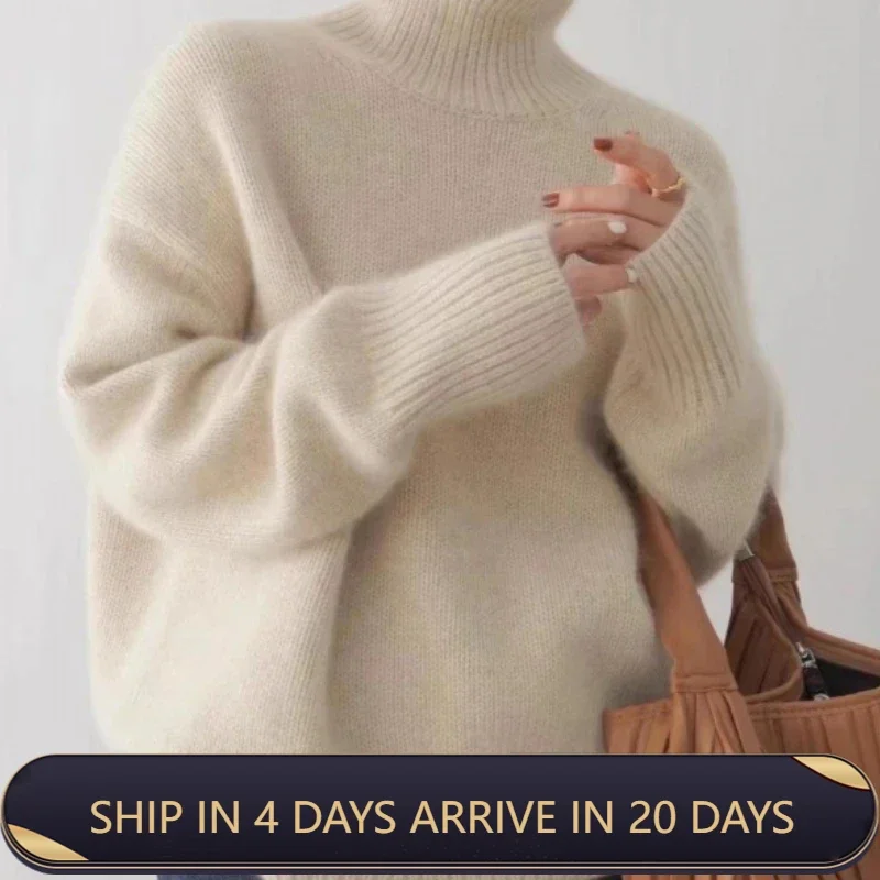 

2024 Autumn And Winter New Thick Solid Color Cashmere Knitted Sweater Women's High-necked Short Loose Lazy Pullover Sweater