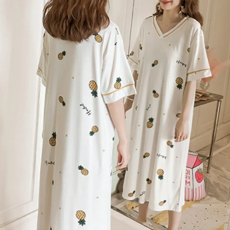 

Nightgowns Women V-neck Printed Sweet Stylish 3XL Loose Chic Lovely Korean Style Womens Summer Sleepshirts Nightwear