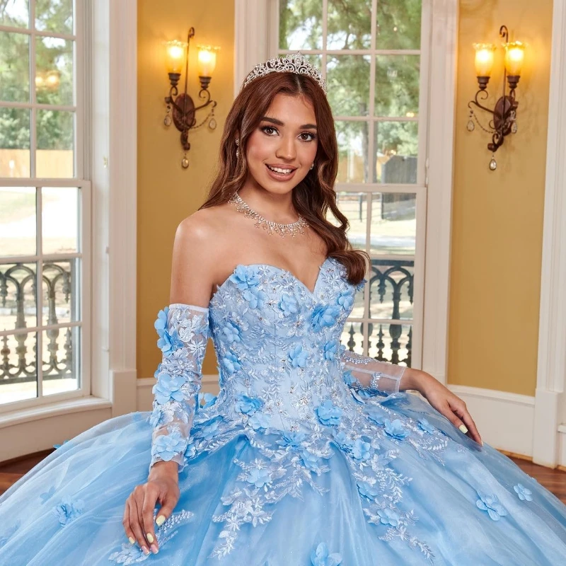 Sky Blue Sweetheart Quinceanera Dresses Ball Gown 3D Floral Flowers Appliques Lace Off Shoulder Corset For Sweet 15 Girls