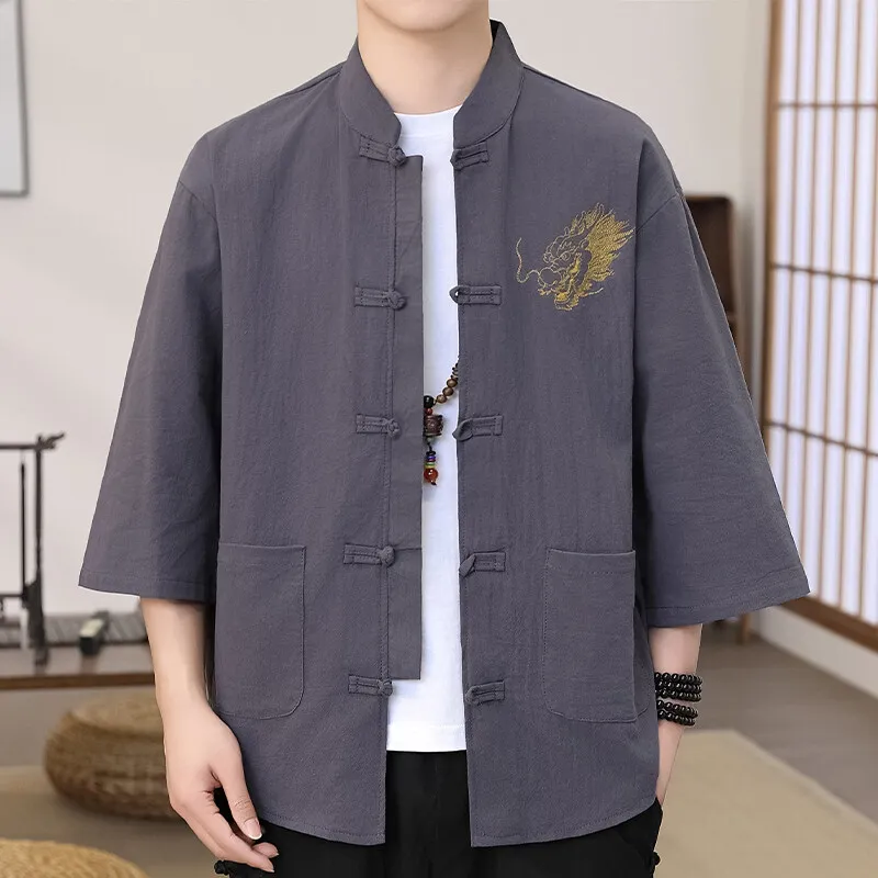 2025 Trendy Traditional Chinese Dragon Embroidered Shirt Stylish 3/4 Sleeve Top for Men Breathable Linen Tops Plus Size M-5XL