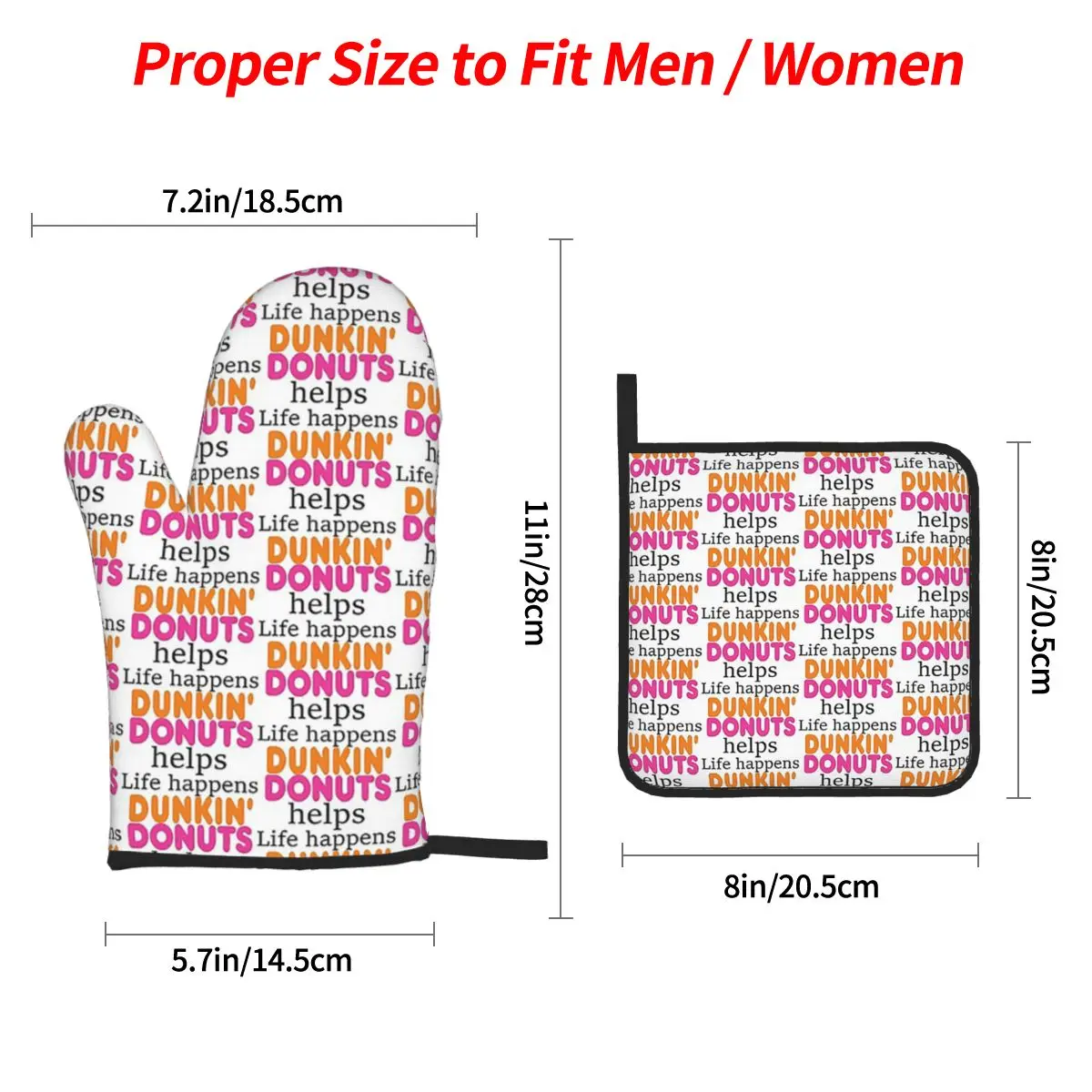 Life Happens... Dunkin Donuts Helps Oven Mitts and Pot Holder Sets of 4 for Baking Kitchen Cooking BBQ Resistant Non-Slip Gloves