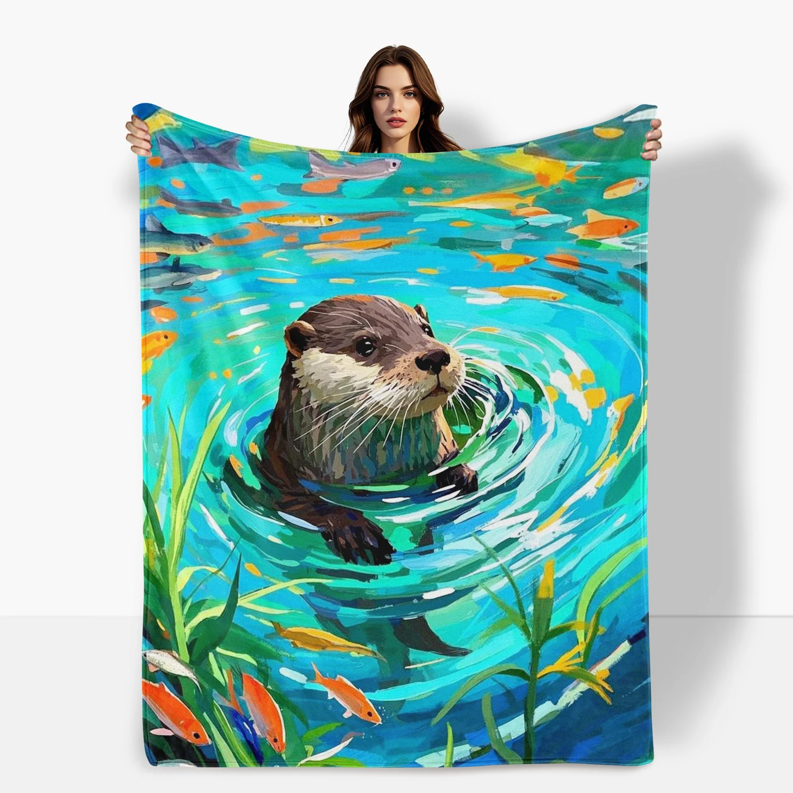 Otter Lake Scene Blanket Featuring Water Plants And Fish Design For A Serene And Nature Inspired Home Decor Piece