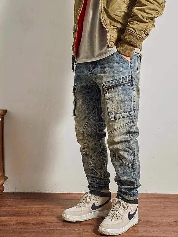 

American Style Retro Denim Jeans Men's Loose Straight Motorcycle Style Workwear Pants Spring Autumn New Casual Long Trousers