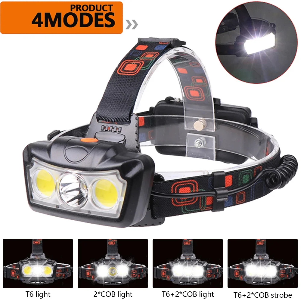 Dropshipping 4000LM LED Headlamp T6+COB LED Headlight Head Lamp Flashlight Torch Lanterna head light Use 2*18650 battery