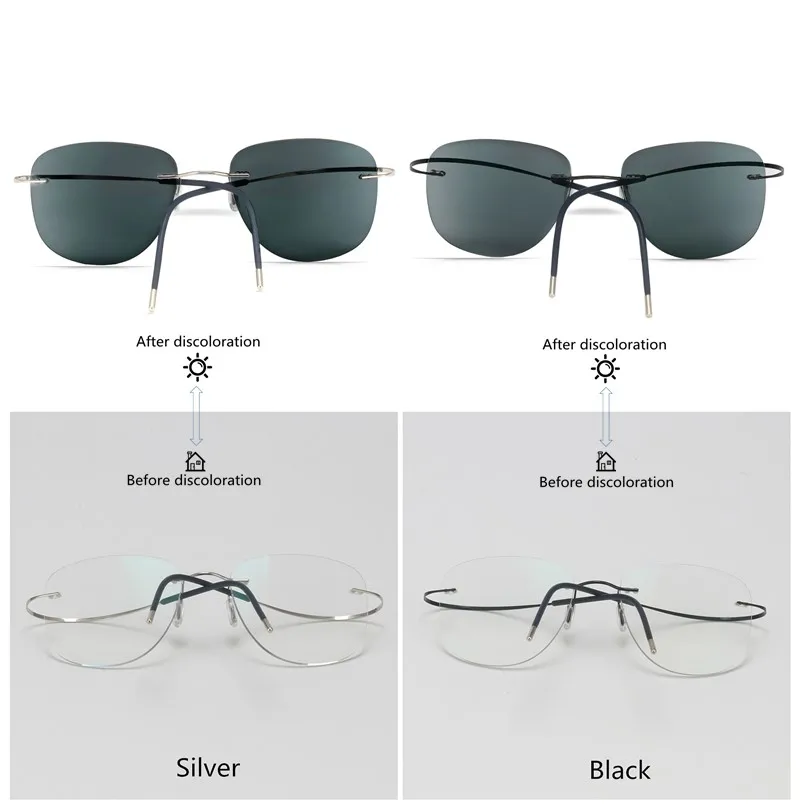 β-Titanium Transition Aviation Sunglasses Photochromic Myopia Glasses Rimless Eyeglasses Men with Diopters