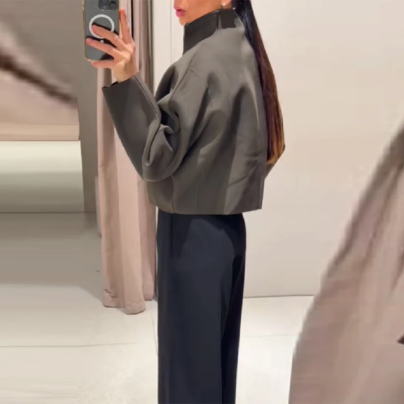 الحد الأدنى سترة فضفاضة سستة محبوك معاطف قصيرة المرأة ملابس خارجية الشارع الخريف موضة عادية تنوعا الأساسية سترة الإناث #3