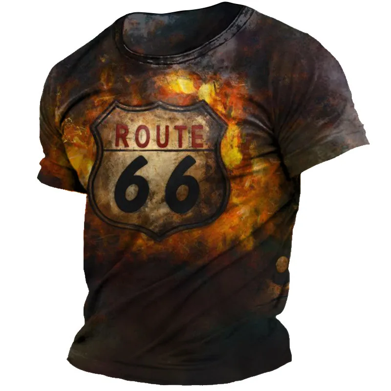 Washed Vintage Men Shirt American Style High Street T-shirt Man O-Neck Short Sleeve Shirt Cross Route 66 Print Fashion Top