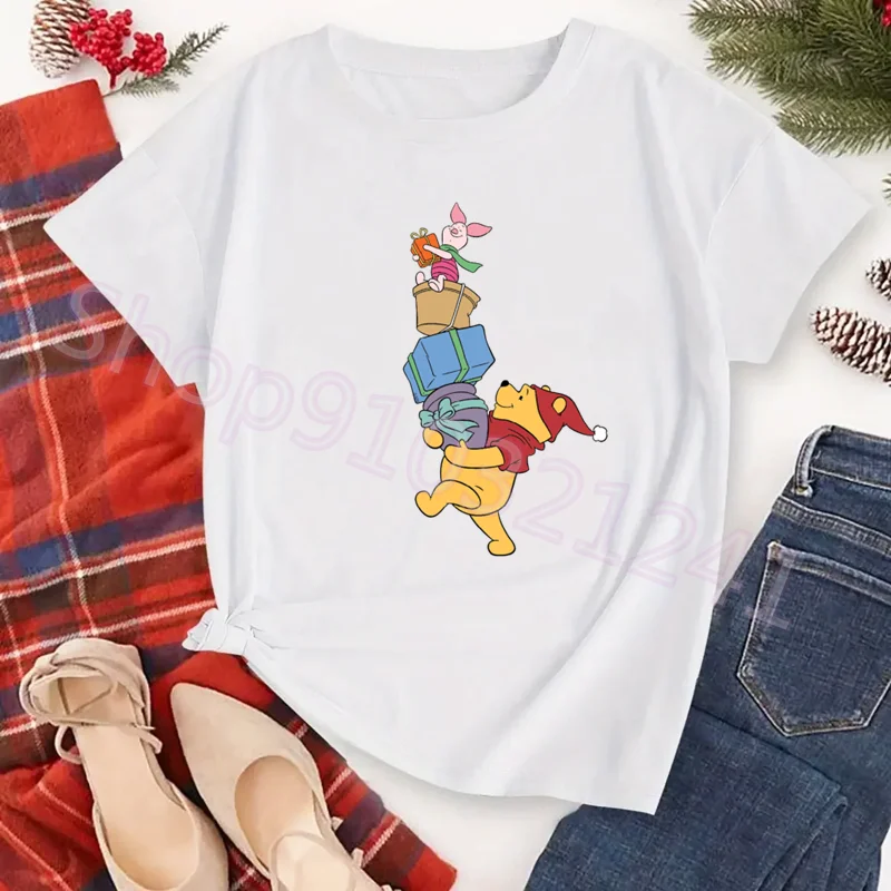 Anime T-shirt Winnie The Pooh Cartoon Bear Christmas T Shirt Tops Harajuku Woman Tshirts Female Tshirt Kawaii Festival Clothes