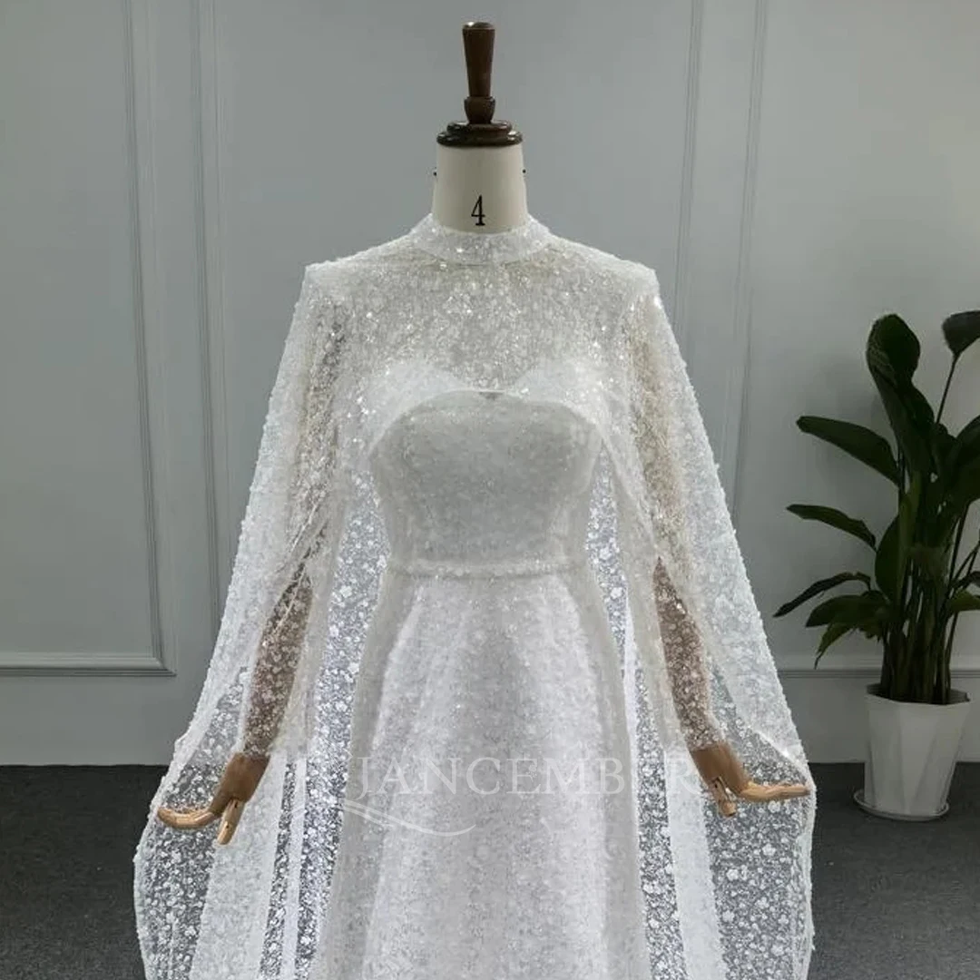 ชุดแต่งงานเจ้าสาวทรงบอลกาวน์แบบสี่เหลี่ยมผืนผ้า แขนยาว ประดับกลิตเตอร์  สำหรับผู้หญิง  แบบสั่งตัดได้