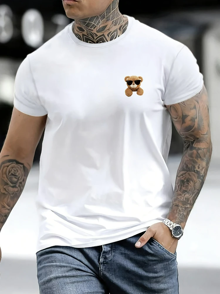 

Men's casual cotton short-sleeved summer T-shirt with playful bear print and classic round neck.