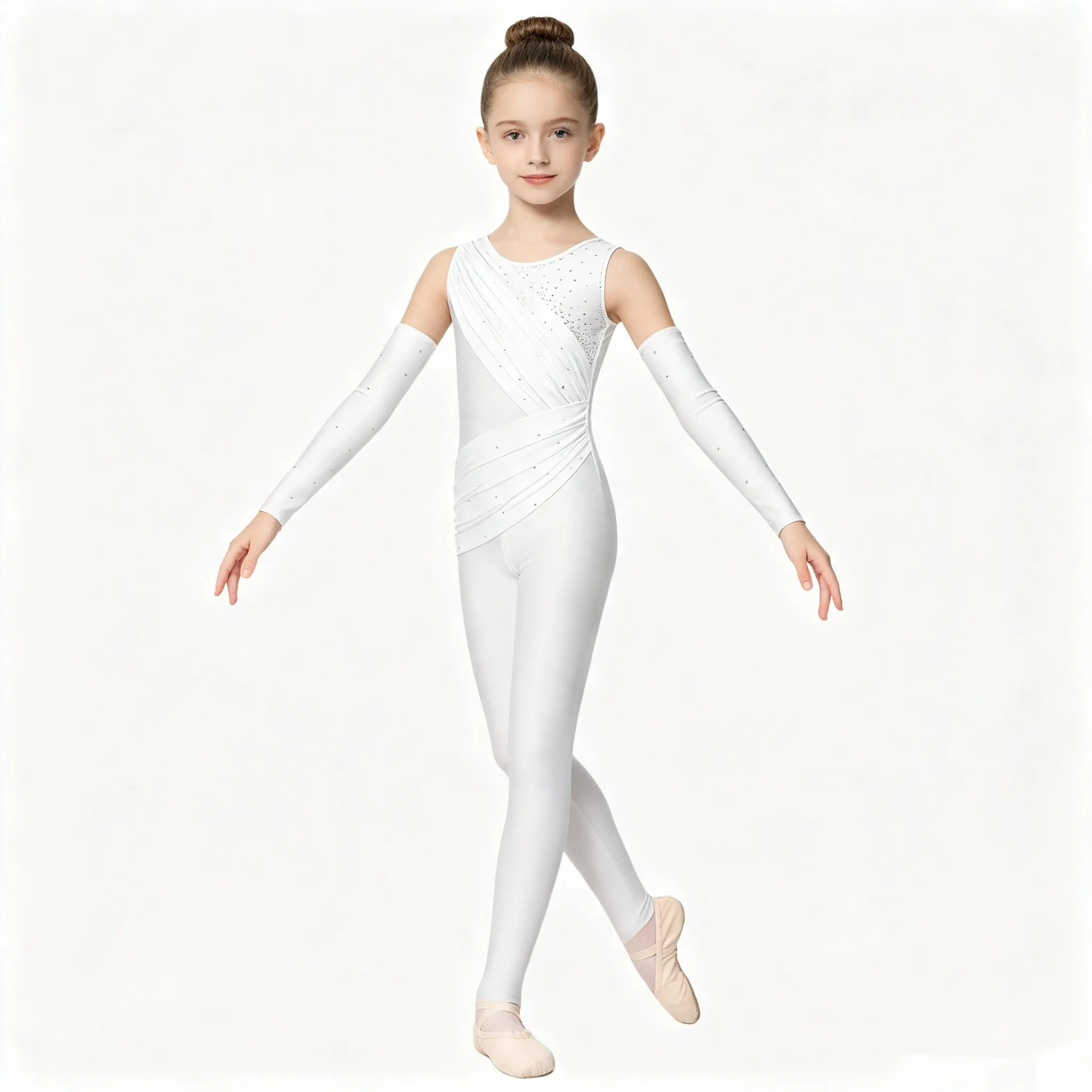 6-16Y Girls Gymnastics Ballet Dance Jumpsuit Sleeveless Rhinestone Mesh Overlay Figure Skating Acrobatics Leotard with Sleeves