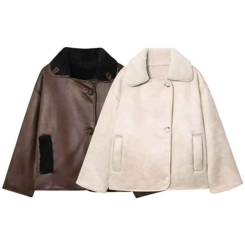 

HipSeam Women Fur Double Sided Jacket Autumn Turn Down Collar Pocket Long Sleeve Women's Button Jacket Fashion Female Coats
