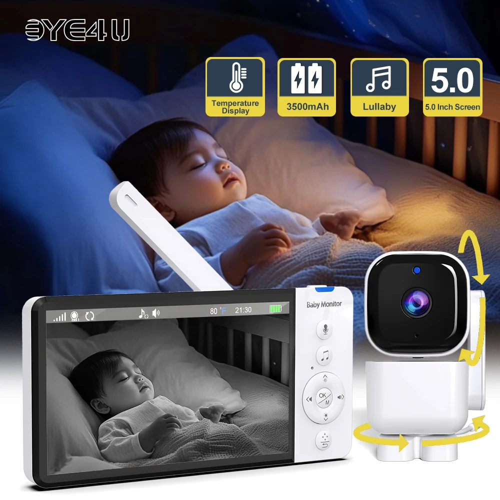 

5 Inch Video Baby Monitor With Camera PTZ Zoom Babyphone Cam 3500mAh Battery Security Protection Surveillance Temperature Sensor