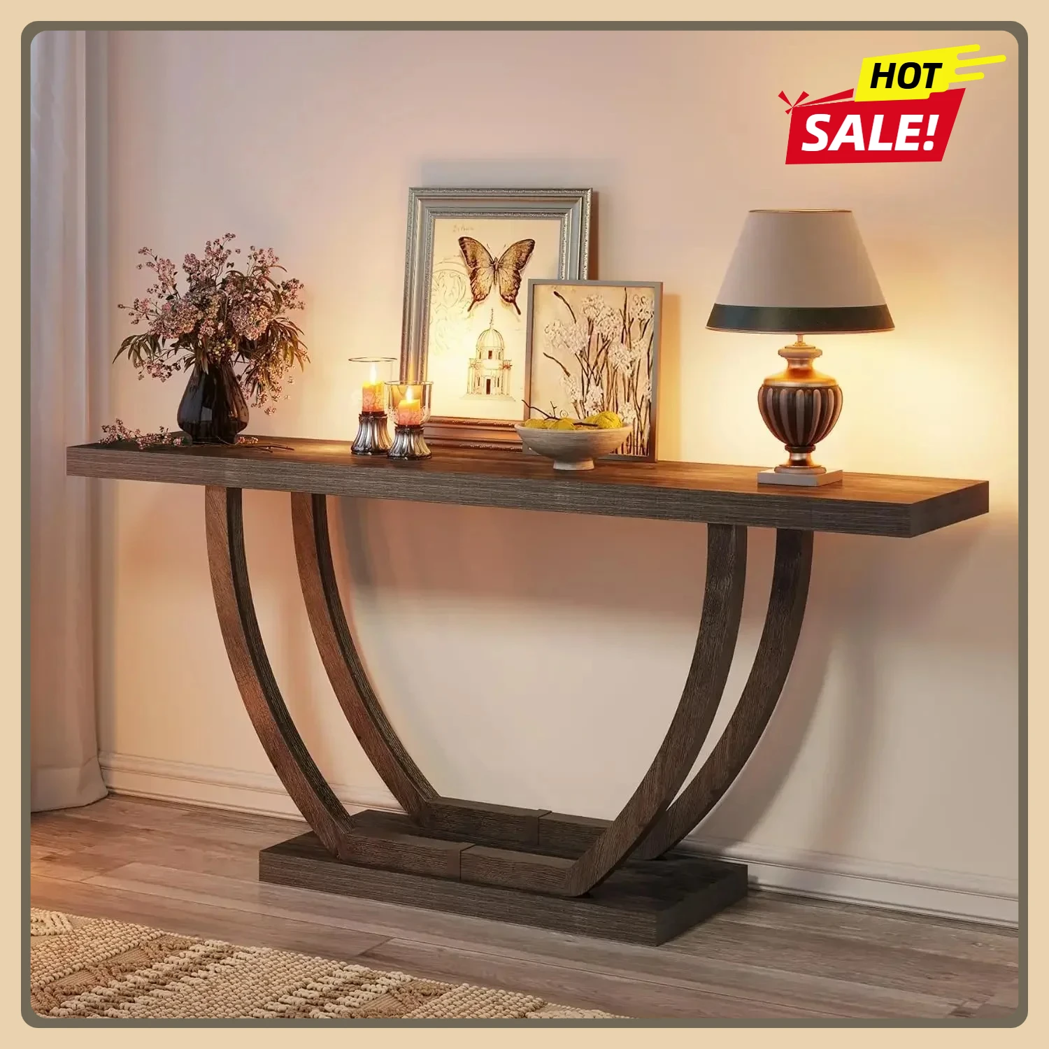 طاولة كونسول نحيفة بقاعدة هندسية وطاولة أريكة للمزرعة بطبقتين ضيقة وطويلة وسميكة 63 بوصة خلف طاولة الأريكة #1